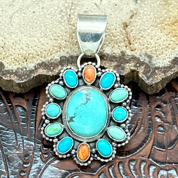 BEA TOM Navajo Sterling Silver & Campitos Turquoise Multi-Stone Cluster Pendant - Picture 1 of 3